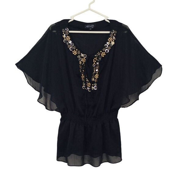 Marineblu Blouse Preppy Bohemia Black Chiffon Embellished Size M - Picture 1 of 7